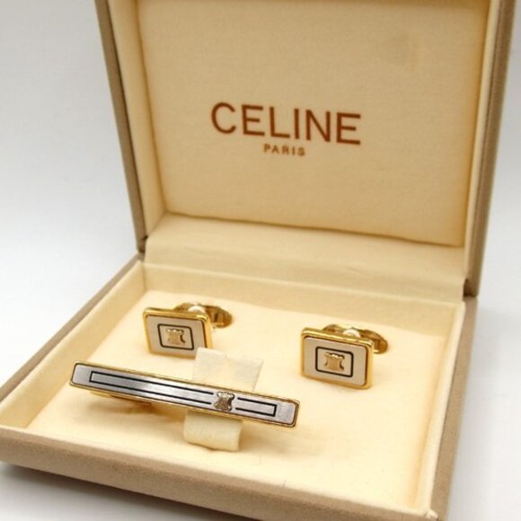 Authentic CELINE Macadam Cufflinks & Tie Pin Set metal [Used] - Picture 1 of 6
